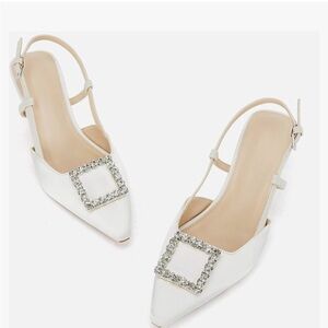 Elegant White Slingback Heels with Crystal Buckle